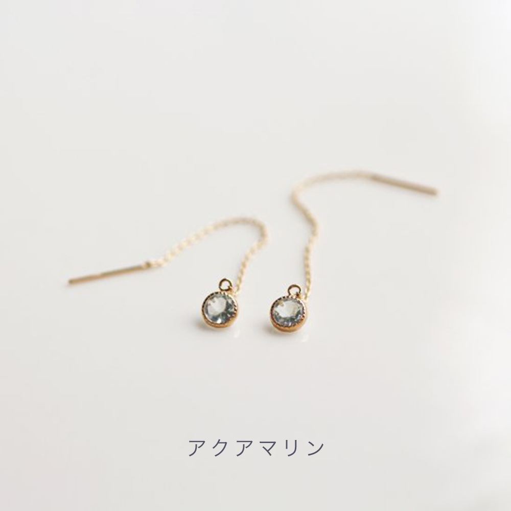カラーストーン ラウンド ロング ピアス | K10YG 〈アクアマリン / ロードライトガーネット〉